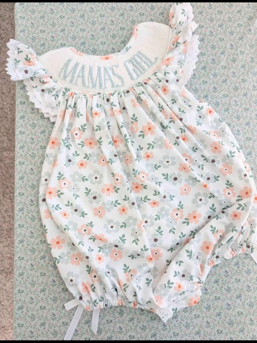 12 Mos Smocked Floral Olive Bubble